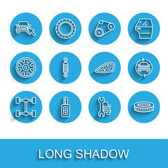 Poster - Set line Chassis car, Car key with remote, Online sharing, service, air filter, Shock absorber, and headlight icon. Vector