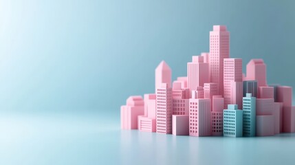 Poster - Abstract representation of a modern cityscape with pastel-colored buildings in pink and blue hues against a soft, serene background emphasizing urban design and creativity.