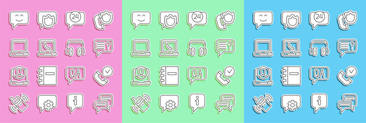 Poster - Set line Speech bubble chat, Telephone handset, Unknown search, 24 hours support, Laptop, Smile face and Headphones icon. Vector