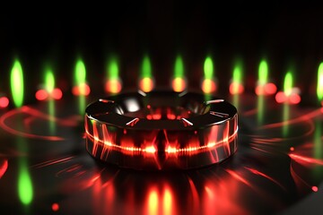 Poster - Glowing metallic disc with red and green lights.
