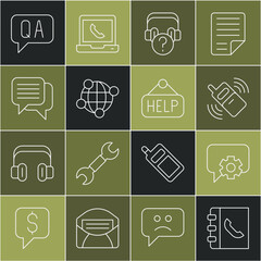 Poster - Set line Phone book, Telephone 24 hours support, Mobile, Headphones with question, Global technology, Speech bubble chat, Question and Answer and Signboard text Help icon. Vector