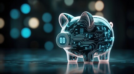 Aufkleber - Futuristic Digital Piggy Bank with Circuit Patterns Representing Modern Saving Concepts and Financial Technology Innovations in a Blurred Background