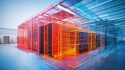 Poster - High tech data center with vibrant blue and red digital overlays