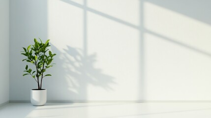 Poster - Indoor Minimalist Plant in White Pot with Natural Light and Soft Shadows Creating a Tranquil Atmosphere in a Modern Room