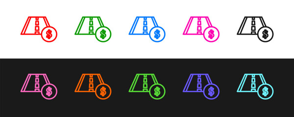 Poster - Set line Toll road traffic sign. Signpost icon isolated on black and white background. Pointer symbol. Street information sign. Direction sign. Vector