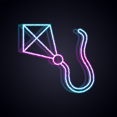 Poster - Glowing neon line Kite icon isolated on black background. Vector