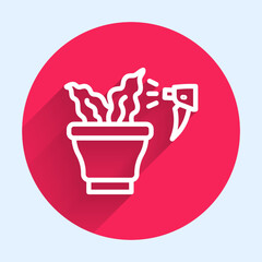 Poster - White line Spraying a house plant with a spray gun icon isolated with long shadow. Moistening of foliage. Care for home flowers. Red circle button. Vector