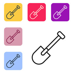 Poster - Black line Shovel icon isolated on white background. Gardening tool. Tool for horticulture, agriculture, farming. Set icons in color square buttons. Vector