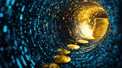 Poster - Cascading Golden Coins into a Luminous Vortex with Glowing Particles and Depth Effects