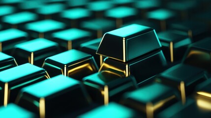 Poster - Stacks of Floating Gold Bars in a Digital Environment with Unique Lighting Effects