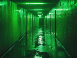 Wall Mural - Green lit hallway