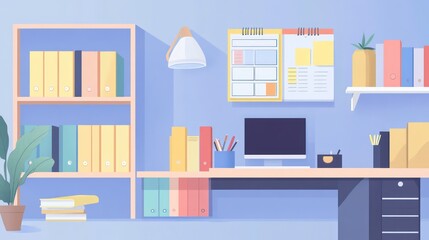 Poster - Modern minimalist home office workspace with desk, computer, shelves, and stationery.