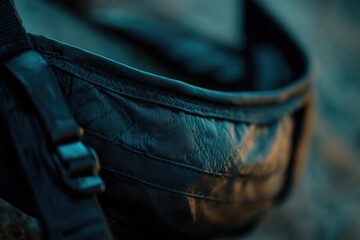 Poster - A close-up of a bag sitting on a rocky surface, with a rugged terrain in the background