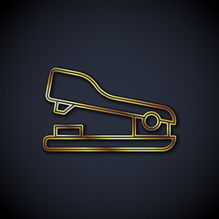 Poster - Gold line Office stapler icon isolated on black background. Stapler, staple, paper, cardboard, office equipment. Vector