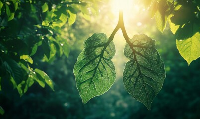 Lungs made of green leaves symbolizing clean air, environmental protection, and the importance of sustainable living for a healthier planet.