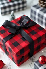 Aufkleber - A beautifully wrapped gift box in red and black with a matching ribbon, perfect for special occasions