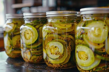Poster - A collection of glass jars filled with pickled cucumbers displayed on a wooden table