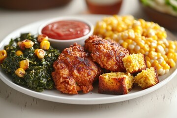 Poster - A white plate filled with crispy fried chicken and golden corn