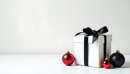 Aufkleber - White gift boxes tied with black satin ribbons sit beside Christmas ornaments on a minimalist white backdrop surrounded by empty space._00001_