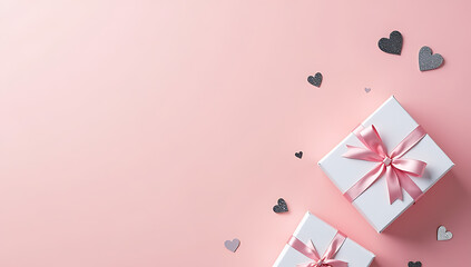 Aufkleber - White gift boxes with pink bows, silver hearts, and sequins are positioned on a soft pastel pink background with empty space surrounding them._00001_