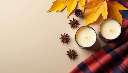 Wall Mural - Warm autumn atmosphere featuring top view photo of candles, anise, yellow maple leaves, pine cones, and plaid on a neutral beige surface._00001_