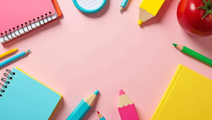 Poster - Vibrant stationery supplies adorn a soft pastel background in a colorful display ideal for back to school decorations and themes._00001_