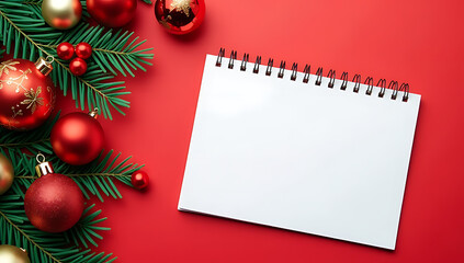 Leinwandbilder - Vibrant festive scene with Christmas ornaments and an empty notebook against a bold red background awaiting plans or resolutions._00001_