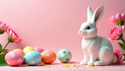 Aufkleber - Vibrant Easter scene featuring colorful eggs, blooming chrysanthemums, a ceramic bunny, and confetti set against a soft pastel pink background._00001_