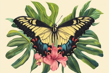 Poster - A butterfly sits on top of a flower surrounded by green leaves, offering a peaceful scene