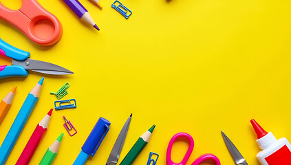 Poster - Vibrant colors fill the scene as assorted school supplies like pencils, scissors, glue, and paper clips adorn a bright yellow background._00001_