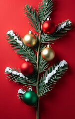 Poster - Vertical top down photo of pine branches covered in snow features gold green and red Christmas ornaments against a plain red background._00001_