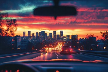 Sticker - City skyline at sunset viewed from a moving vehicle on a highway