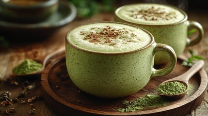 Poster - Two small cups of green tea served on a natural wooden plate