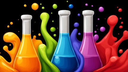 Wall Mural - Three colorful bottles of liquid are splashed across a black background. The bottles are of different colors, and the splashes of liquid create a sense of movement and energy