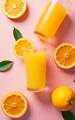 Aufkleber - Trendy top view flat lay showcases freshly squeezed citrus juices on a stylish pink background._00001_