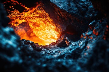 Aufkleber - A cave filled with flowing lava and flames, ideal for use in scenes of fantasy or adventure