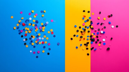 Poster - Two piles of confetti on a blue and yellow background. The blue confetti is scattered all over the background, while the yellow confetti is more concentrated in the middle