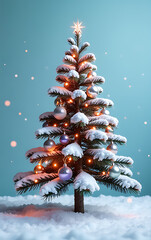 Poster - Snowy winter scene featuring a Christmas tree topped with disco balls, snowflakes, and pine branches against a serene pastel blue background._00001_