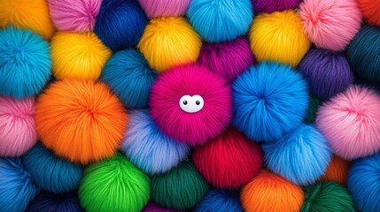 Poster - Colorful pile of fuzzy balls with a small pink and white creature in the middle. The creature has big eyes and is surrounded by a rainbow of colors