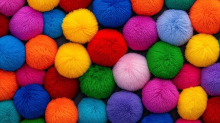 Poster - Bunch of colorful pom poms are piled up in a row. The pom poms are of different colors and sizes, creating a vibrant and lively scene. Concept of fun and playfulness