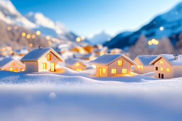 Wall Mural - The small village in the mountains is covered in snow, and many wooden houses glow with warm light inside. The sky above was a dark blue at night