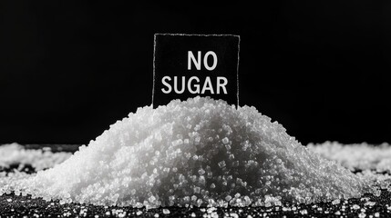 Aufkleber - Promoting sugar reduction and a low sugar lifestyle, a no sugar sign sticks out of a pile of sugar granules on a black background, highlighting the dangers of excessive sugar consumption