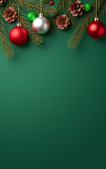 Poster - Red and silver Christmas ornaments hang from pine branches amidst cones on a simple green background with plenty of space._00001_
