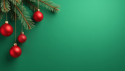 Poster - Red and white Christmas tree ornaments hang from pine branches against a plain green background with empty space in the center._00001_