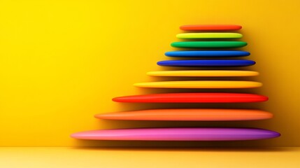 Poster - Colorful stack of surfboards arranged in a pyramid shape. The surfboards are of different colors, creating a vibrant and eye-catching display