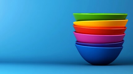Poster - Stack of colorful bowls on a blue background. The bowls are arranged in a pyramid shape, with the bottom bowl being the largest and the top bowl being the smallest