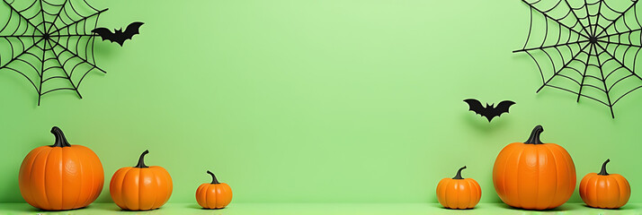 Poster - Pumpkins bats silhouettes and spider web decorations are placed on a light green background for an isolated and spooky Halloween scene effect._00001_