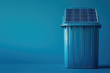 Poster - A blue trash can with a solar panel on top, a eco-friendly waste management solution