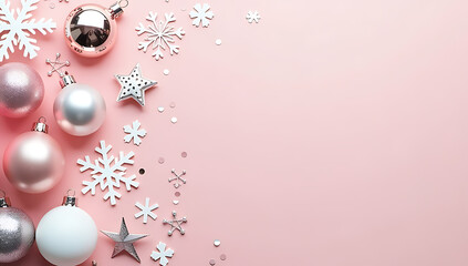 Aufkleber - Pink and white Christmas decorations feature snowflakes, silver serpentine, and shiny sequins against a soft pink background with empty space._00001_
