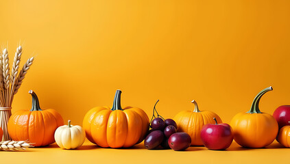 Poster - Photo of various vegetables fruits and grains including pumpkins apples and wheat arranged on an isolated orange background with empty space._00001_